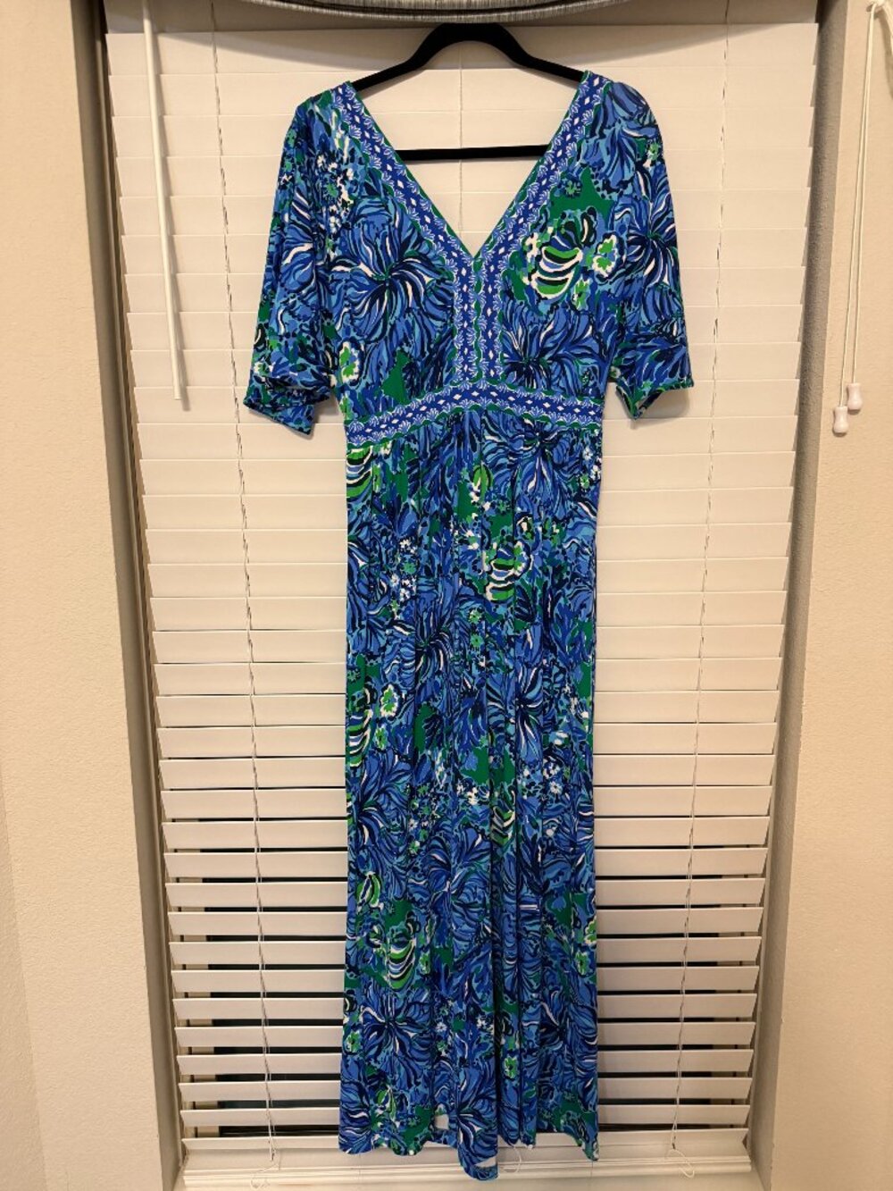 Lilly Pulitzer Long Abaco Blue Turtle Awe Engineered Maxi, Size 6